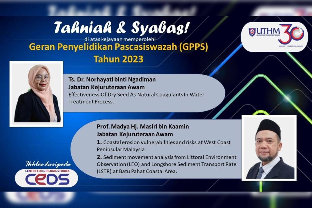 Dua Orang Staf Akademik Pusat Pengajian Diploma Antara Penerima Geran Penyelidikan Pascasiswazah (GPPS) Bagi Tahun 2023